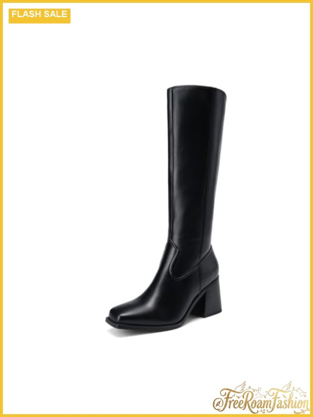 Women's Knee High Block Heel Boots Faux Leather Square Toe Zip Up Tall